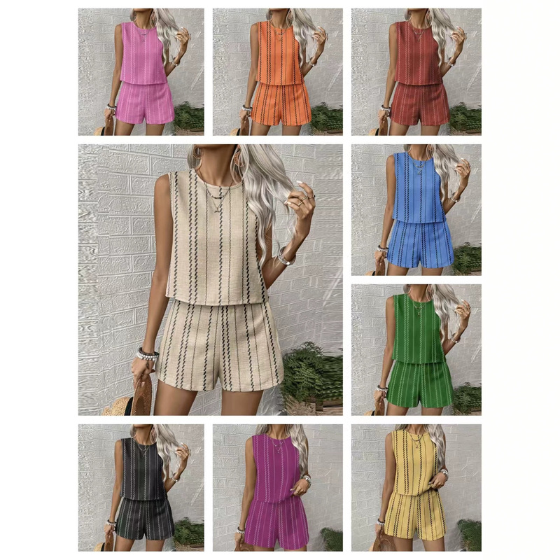 European and American style cotton-linen vertical striped sleeveless suit, summer loose casual vacation style linen top and shorts two-piece set European and American style cotton-linen vertical striped sleeveless suit, summer loose casual vacation style linen top and shorts two-piece set