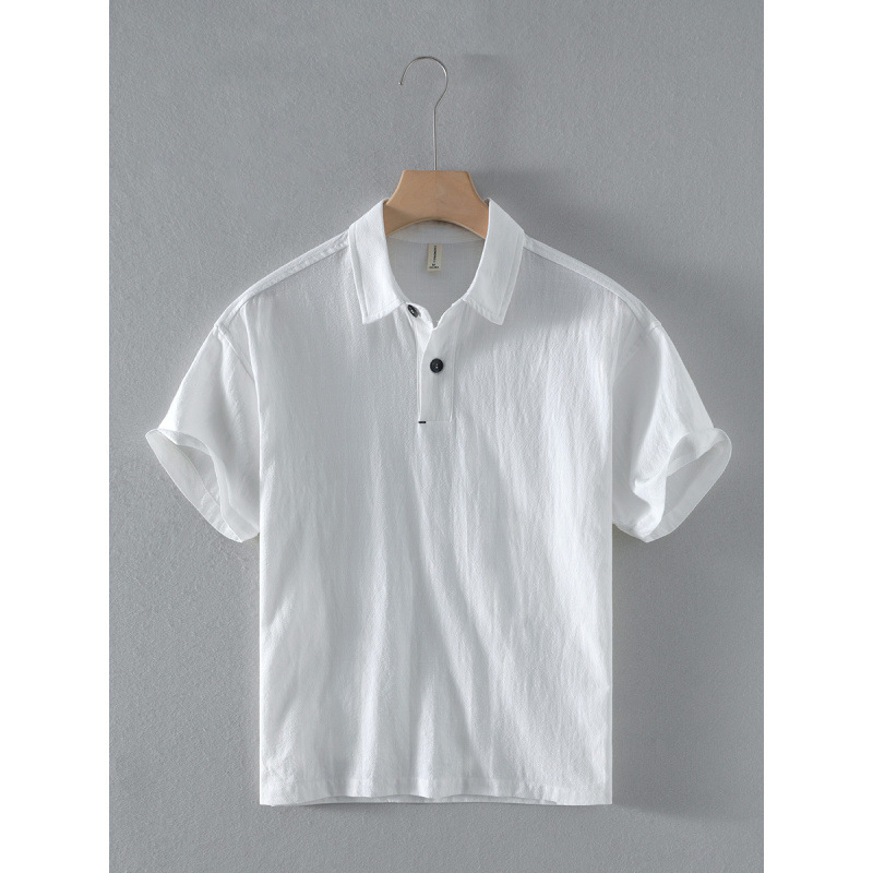 Summer New Men's Linen Lapel Shirt Casual Breathable Pure Color Cotton and Linen Polo Shirt Drop Shipping-Rixi