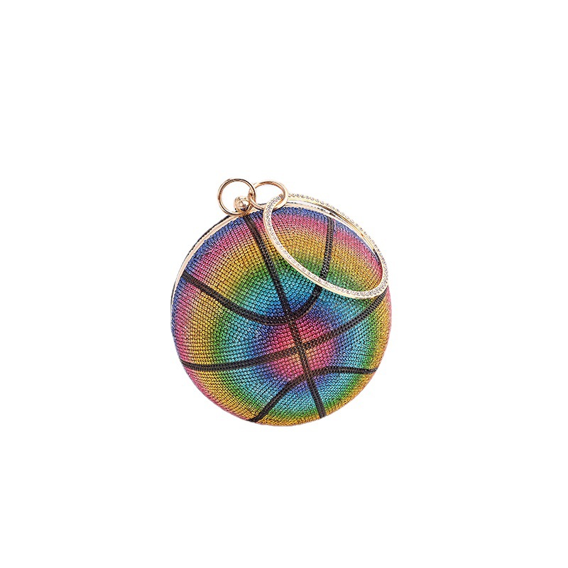 Nuevo bolso de cena de baloncesto de color transfronterizo, bolso de banquete portátil de diamantes completos redondos, bolso diagonal de noche de color degradado de todo fósforo