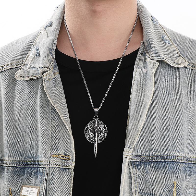 Viking Warrior Pendant Necklace Vintage Celtic Knot Shield Style_voghion.com