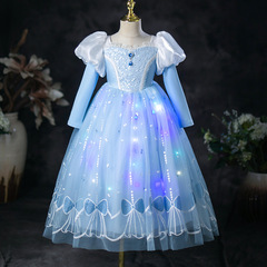 女童發光公主裙長袖新款韓版服飾洋氣可愛蝴蝶結愛莎公主裙