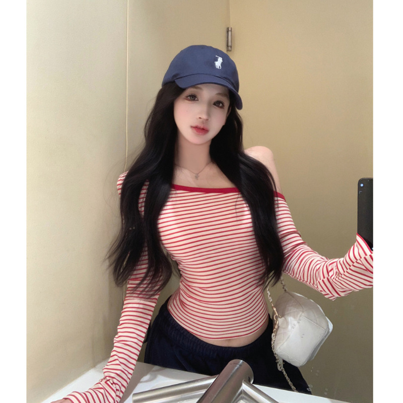 韩系斜领露肩设计感别致条纹长袖T恤女秋季修身内搭打底衫上衣ins|undefined