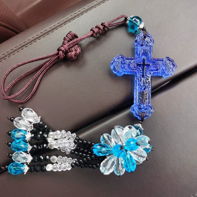 High-grade crystal cross Car hanging - blue-cross-bead-pendant