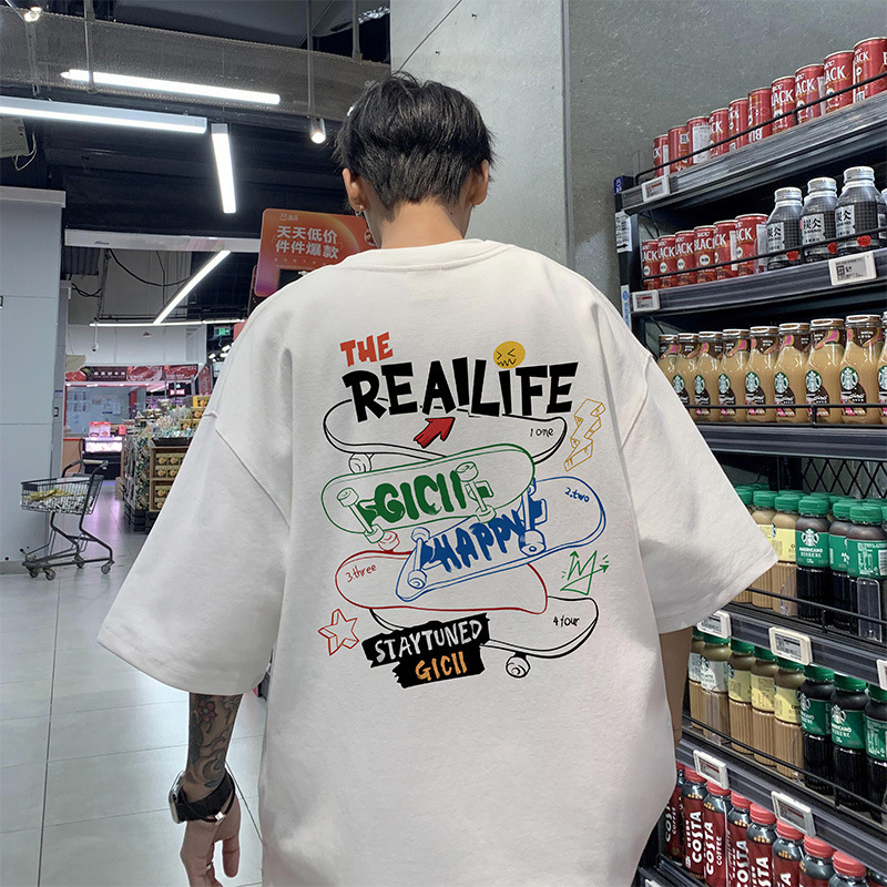 Men's Short-sleeved Summer Cotton Heavy-weight Round Neck T-shirt Trendy Brand Fashionable 2024 New Loose American Style High Street Clothes