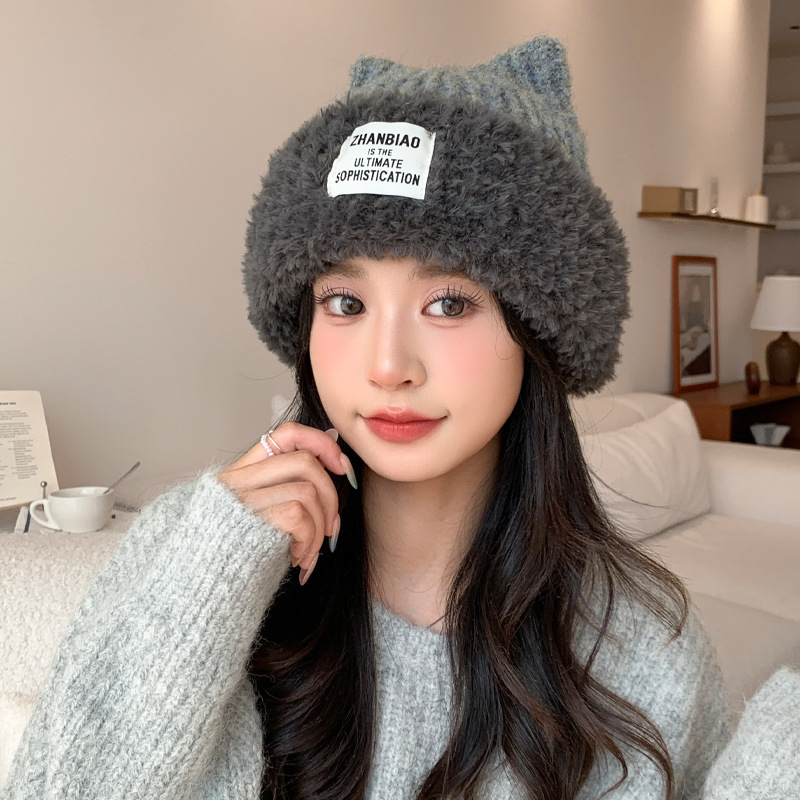 帽子女冬季加厚护耳针织帽时尚可爱猫耳朵毛线帽大头围百搭套头帽|undefined