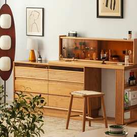 樱桃木实木斗柜梳妆台一体日式原木化妆桌收纳床尾柜卧室转角书桌