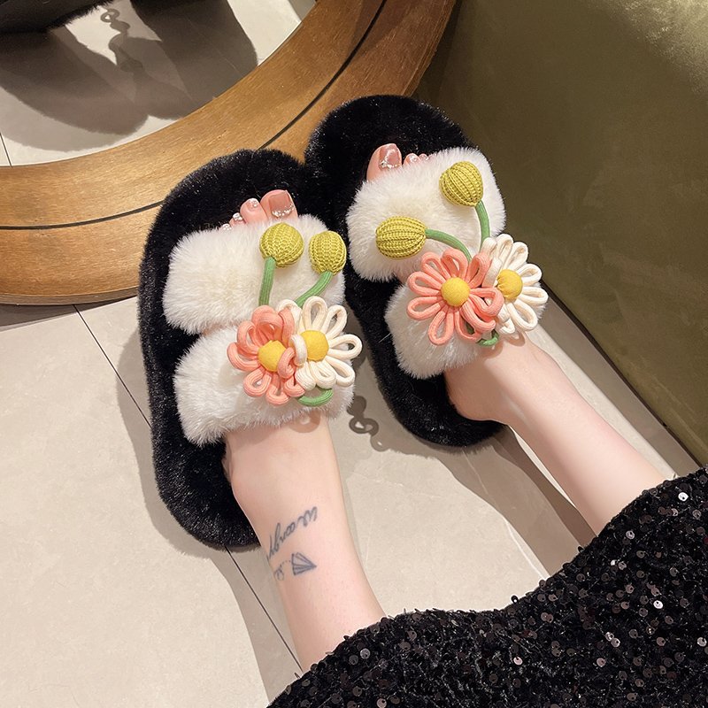 Fresh Flower Plüsch Damen, Bequem Casual, Leicht zu tragen, Hausschuhe fürs Büro, Baumwollpantoffeln mit dicker Sohle,_voghion.com