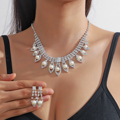 熱銷外貿跨境飾品爪鏈珍珠水鑽項鍊耳環套裝婚禮首飾宴會禮服項鍊