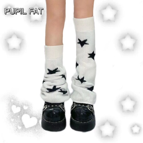 Autumn/Winter Series Spicy Girl Black and White Star Dual-Wear Knit Leggings Socks Set Y2K Color Block Pile Socks Ankle Socks
