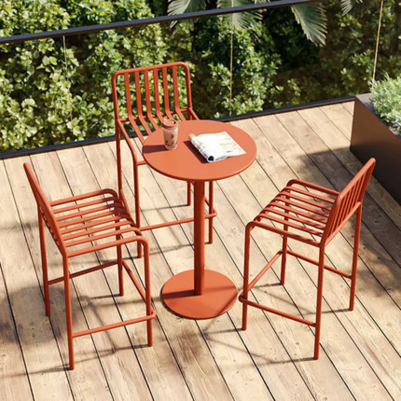 Hotel outdoor high stools, garden patio cafe, milk tea shop, bar table and chair set, wrought iron backrest chairs