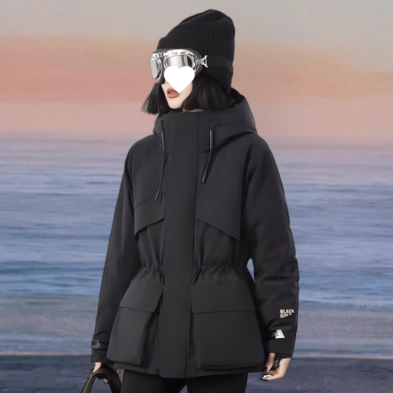 High-End Black Gold Goose down Jacket for Women, Outdoor Cold-Proof Jacket, 90 Goose down Waist-Cinching Mid-Length down Jacket, Trendy