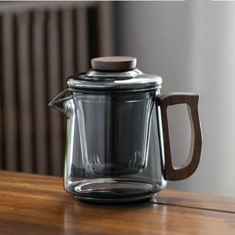 Oficina de vidrio transparente de borosilicato mango de madera tetera de flores hogar simple separación de Té de doble propósito olla