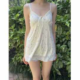 BM风绝美海边蕾丝花边短款雪纺蓝碎花长款小吊带背心女中长款上衣