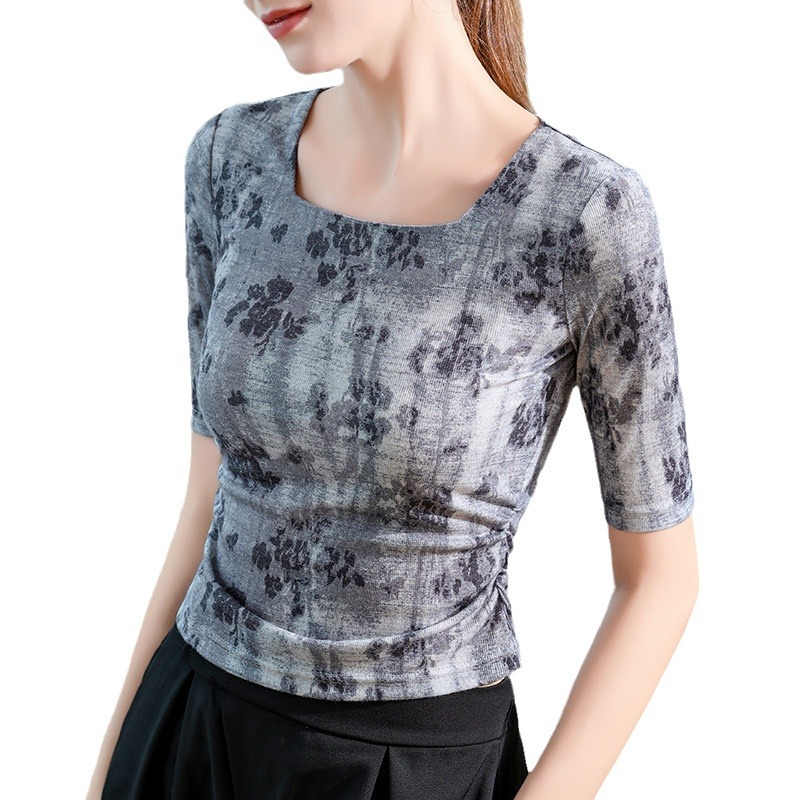 T-shirt de cuello cuadrado de hombro para mujeres delgadas y delgadas 2024 nuevo temperamento impresión de alta gama media camisa de manga superior image 5