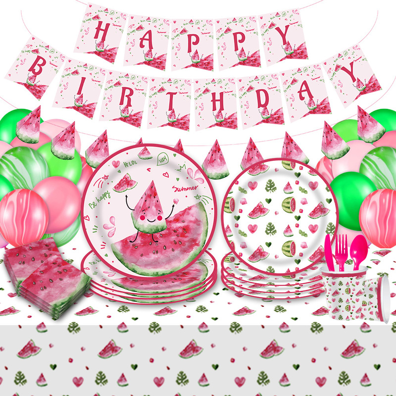 Pink Watermelon Party Tableware Paper Plate Disposable Paper Cup Tablecloth Summer Fruit Party Decoration