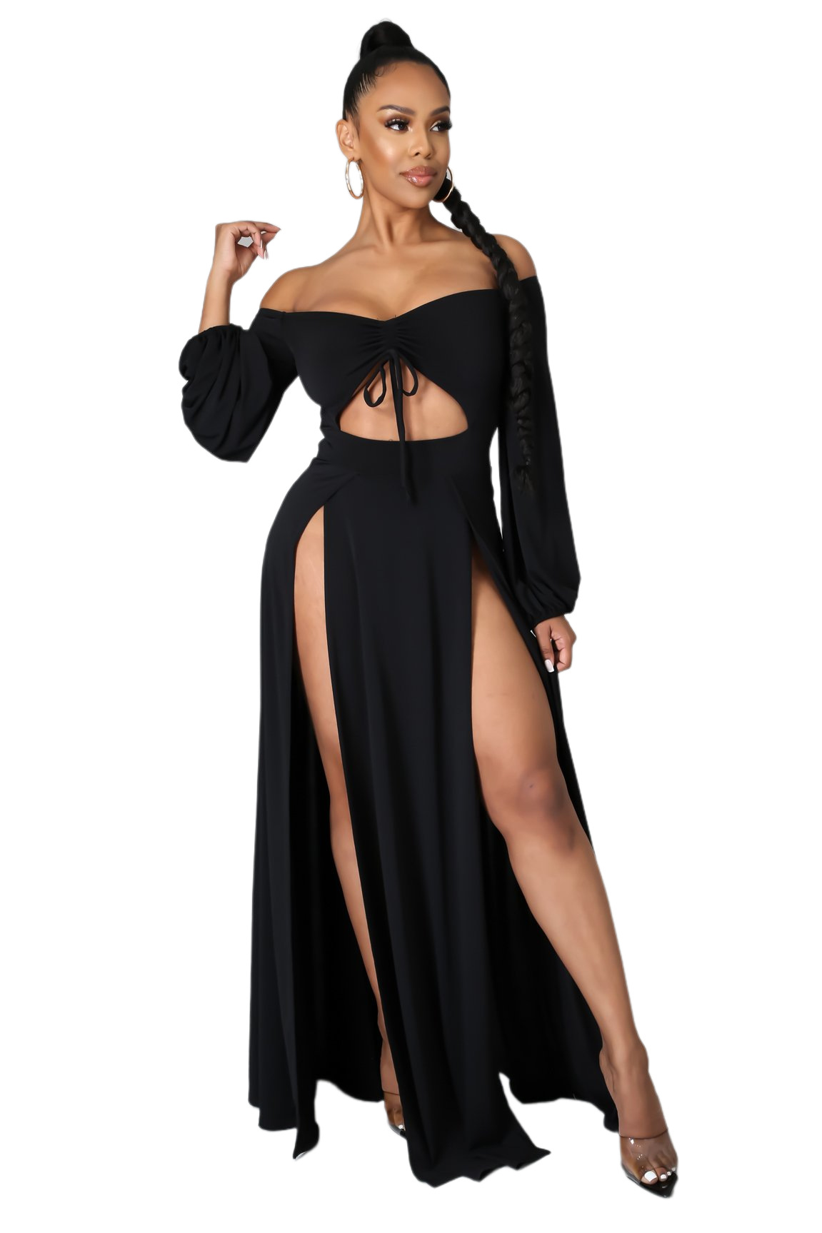 Solid Color Off-Shoulder Hollow Long Sleeve Slit Dress NSMRF116540