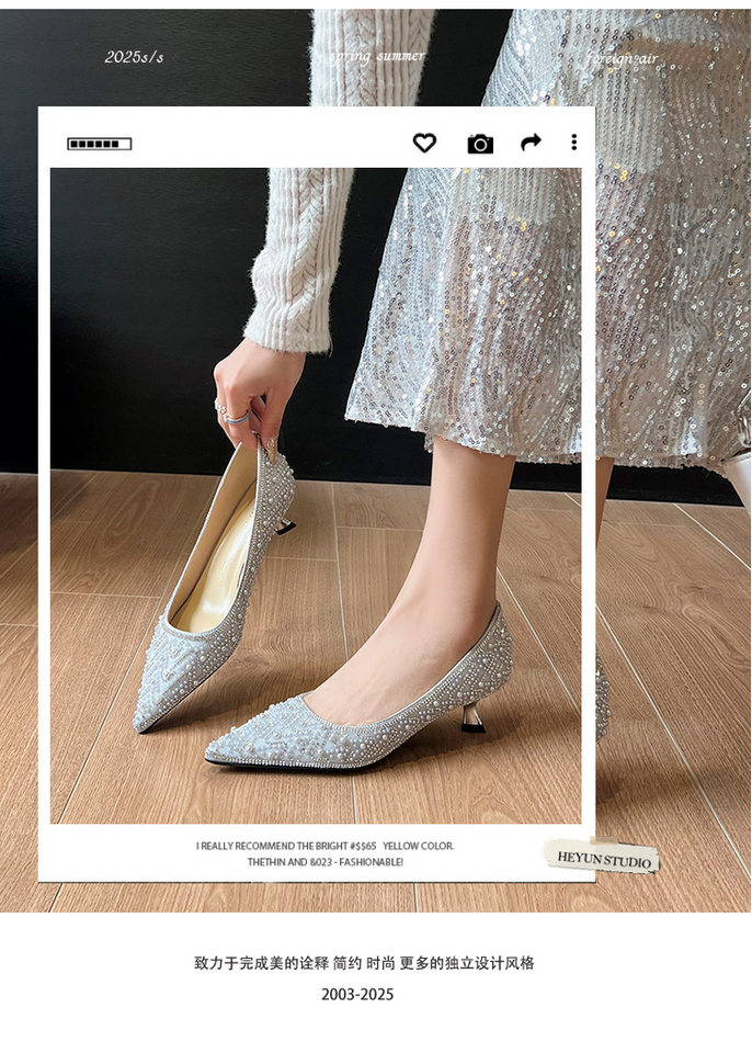Giày cao gót mũi nhọn đính pha lê sang trọng gót 4,5–6,5 cm — Màu mơ 6.5cm, Màu sâm panh 6.5cm, Màu xám bạc 6.5cm, Màu mơ 4,5 cm chi tiết 3