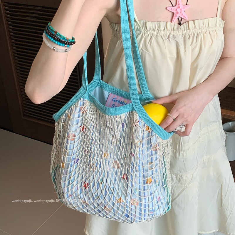 2026 New Style Fresh Blue-Edged Mesh Lining Printed Canvas Bag Korean Style Girly Hollow Woven Shopping Bag Trendy 2026 New Style Fresh Blue-Edged Mesh Lining Printed Canvas Bag Korean Style Girly Hollow Woven Shopping Bag Trendy