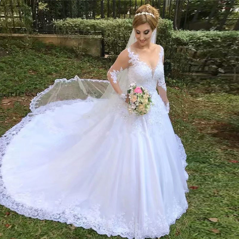 Comercio exterior europeo y americano Amazon AliExpress deseo nuevo vestido de novia vestido de noche cuello redondo encaje apliques manga larga vestido de novia