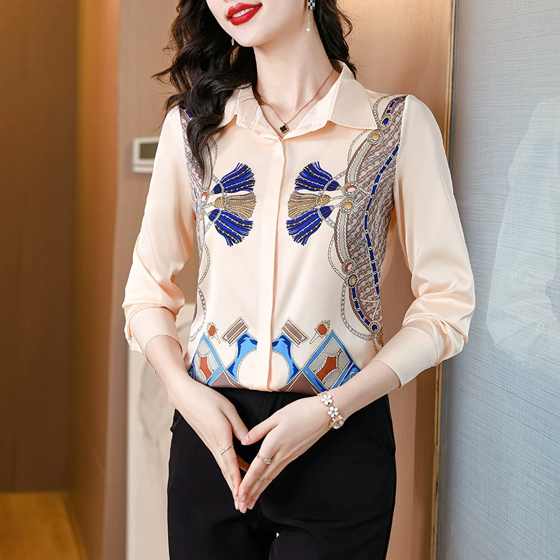 Рубашка из искусственного шелка Женская шелковая модная универсальная элегантная рубашка с длинным рукавом и лацканами 2024 весна-осень Женская Новинка