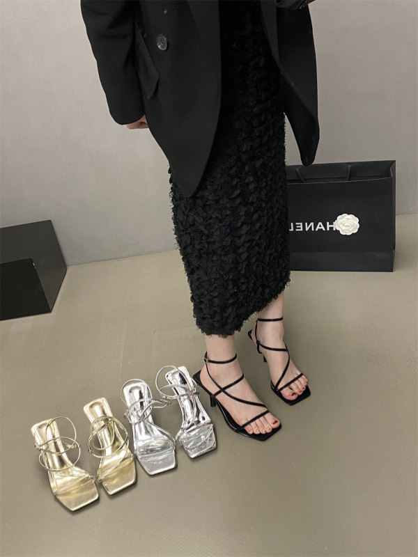 【Tax Not Included】Gentle and Radiant! Square-Toe Thin-Strap Sandals for Women, New Spring/Summer High-Heeled Slippers, Versatile Women's Shoes