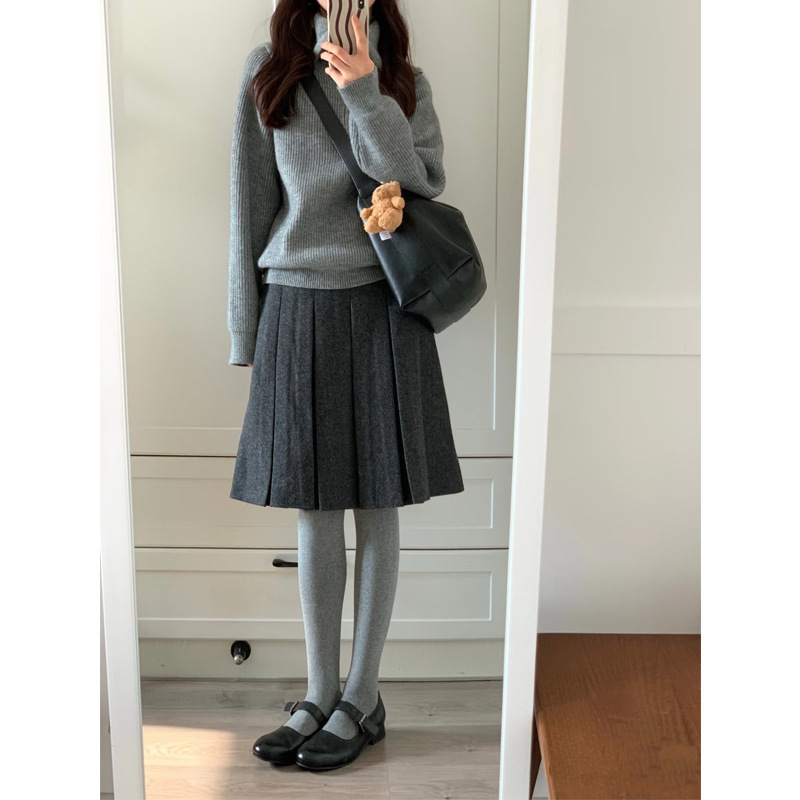 Trendy Little Sweet Potato Style ~ Autumn/Winter College Style Dark Gray Wool Pleated High-Waisted Slimming A-Line Midi Skirt for Women