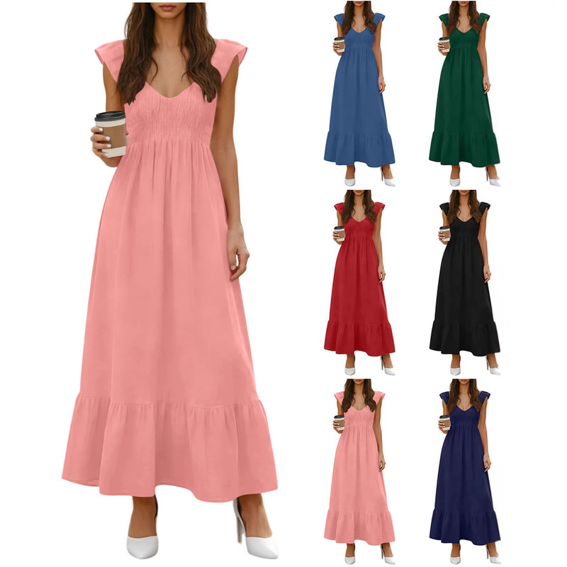 Cross-Border European and American 2026 Fashion V-Neck Casual Loose High-Waisted Solid Color Ruffle Sleeve Pleated Long Dress for Women Cross-Border European and American 2026 Fashion V-Neck Casual Loose High-Waisted Solid Color Ruffle Sleeve Pleated Long Dress for Women