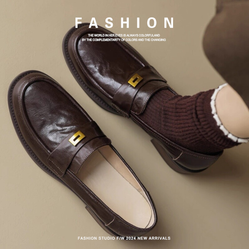 Lambskin Chunky Heel Slip-On Loafers for Women, Versatile British-Style Leather Shoes with Round Toe and Gold Buckle, Soft and Easy to Wear Lambskin Chunky Heel Slip-On Loafers for Women, Versatile British-Style Leather Shoes with Round Toe and Gold Buckle, Soft and Easy to Wear