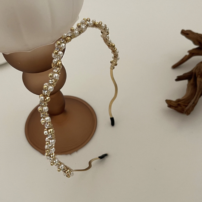 Bandeau de lavage du visage rétro de luxe léger et simple avec perles de zircon françaises, superbe et haut de gamme_voghion.com