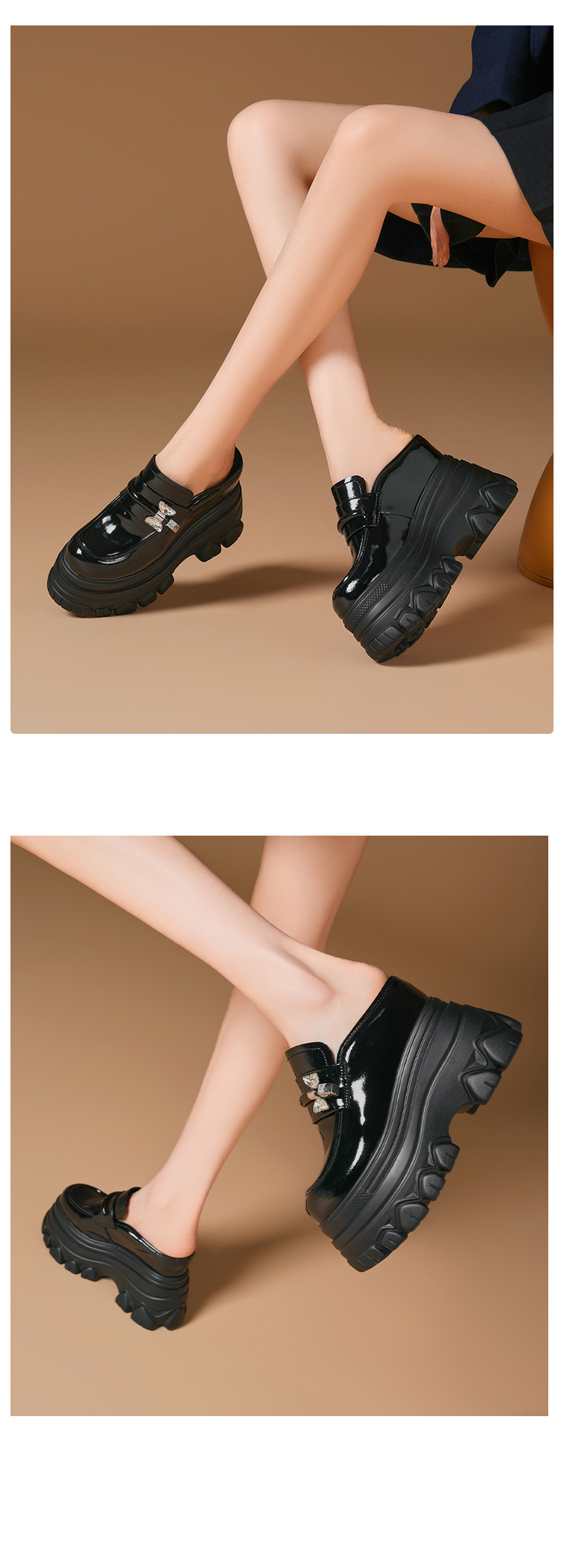 Sandal cao gót nữ mũi hở đế xuồng platform da bóng gót 12 cm — màu đen chi tiết 9
