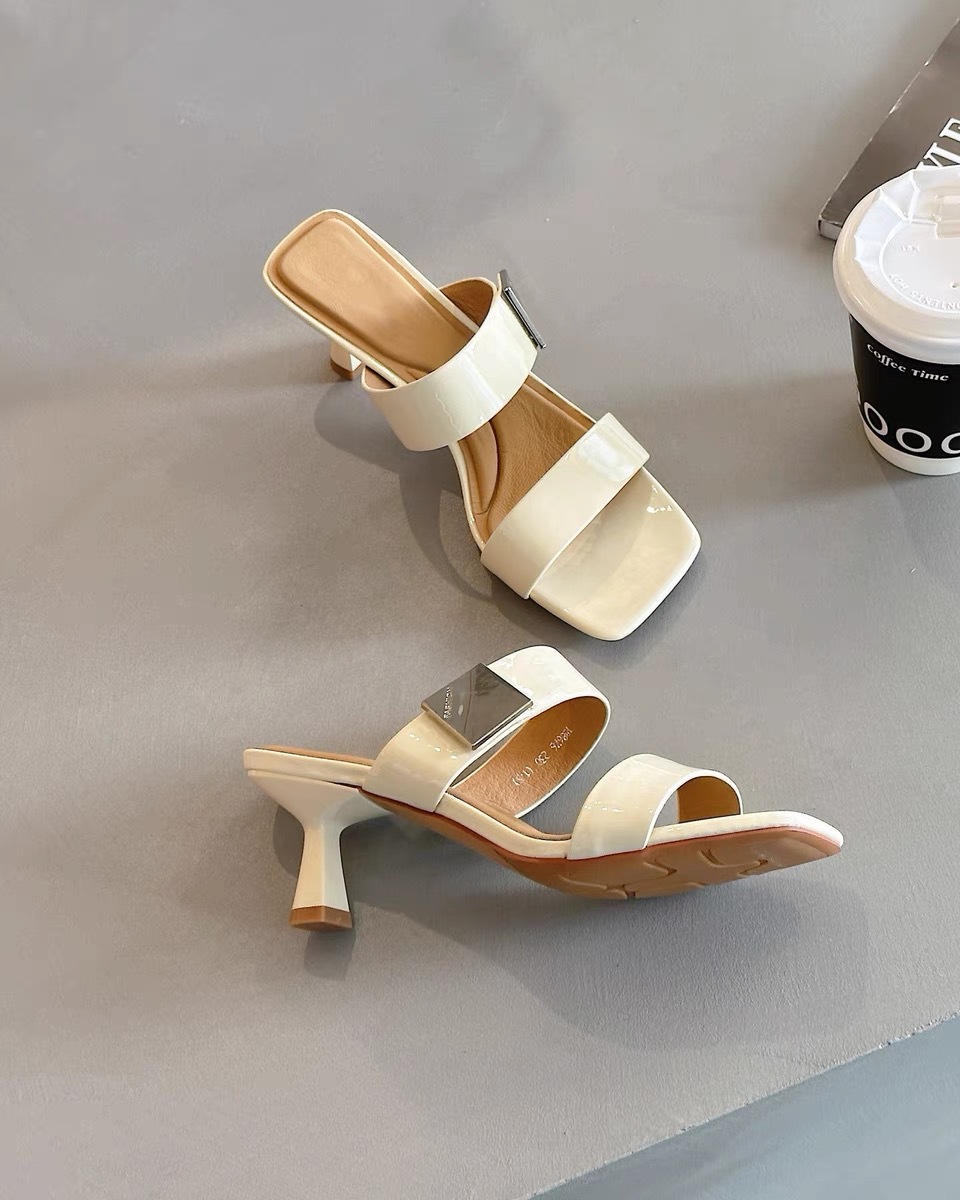 Sandal cao gót hở mũi quai ngang da thật mùa hè gót vuông 7 cm — Màu trắng be, Màu mơ chi tiết 6