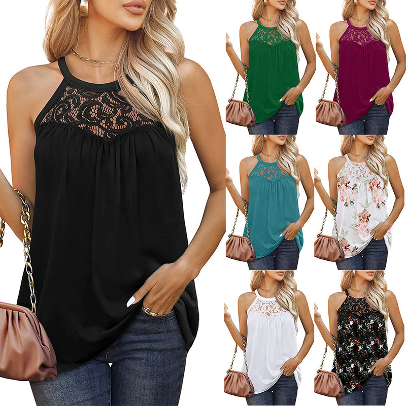 2023 new wish Amazon European and American lace pleated sleeveless vest T-shirt women's cross-border foreign trade women's clothing