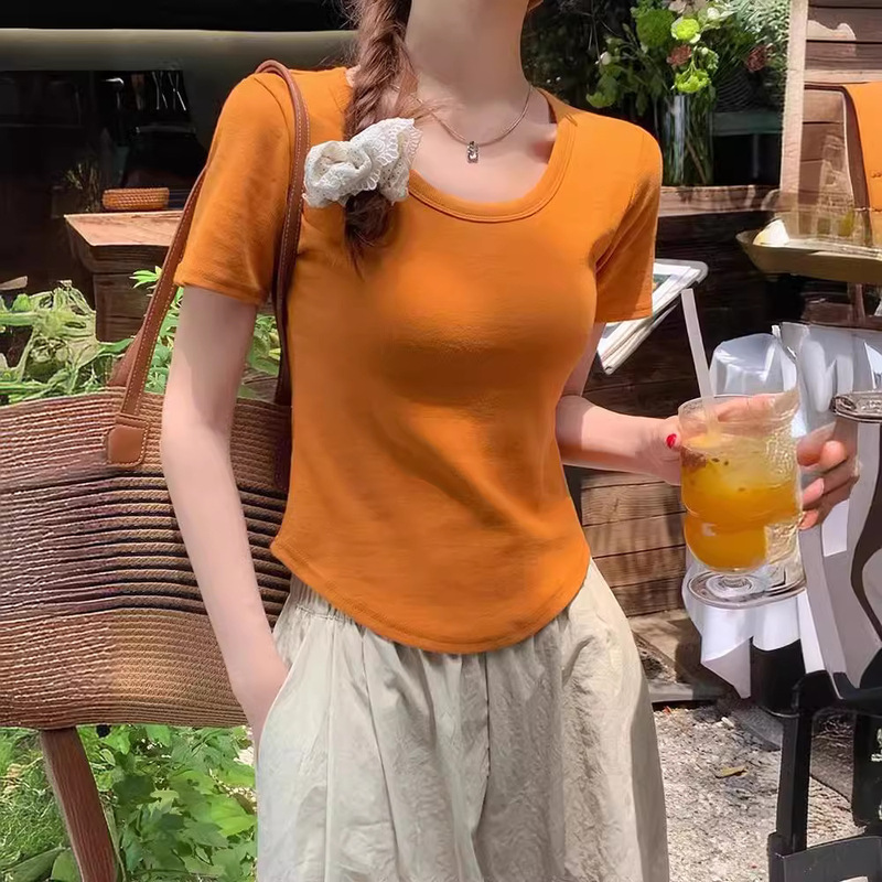 カボチャカラードーパミンウェアカーブヘムレディーススリム夏新作半袖Tシャツスリムショートトップイン|undefined