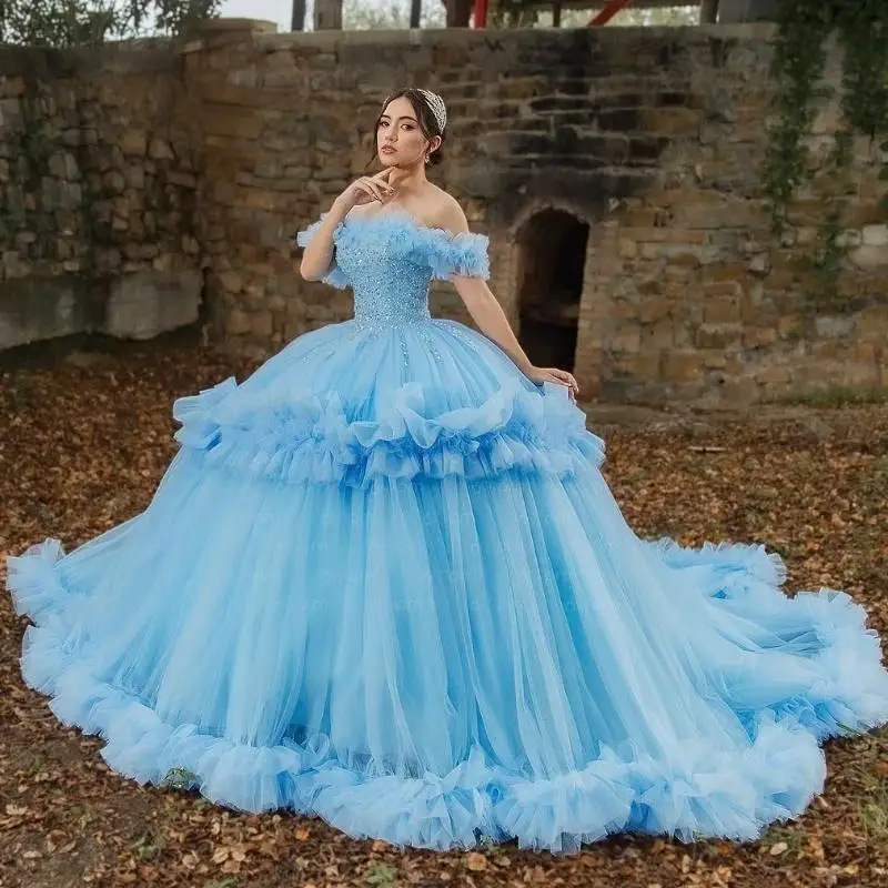 Vestido de boda azul ligero, vestido de noche de hombro, vestido de princesa de fiesta de cumpleaños, temperamento de alta calidad, vestido largo