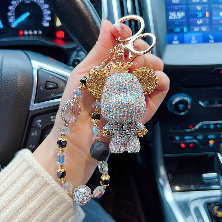 Creativo panda de diamantes a juego con cabeza grande, llavero de oso, cadena de cuentas personalizada, bolso de oso, colgante de bolso, colgante de coche, mujer