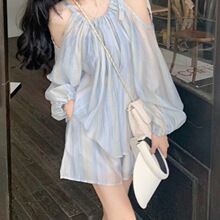 法式纯欲套装女夏季2025薄款露肩长袖防晒衬衫阔腿短裤扎染两件套
