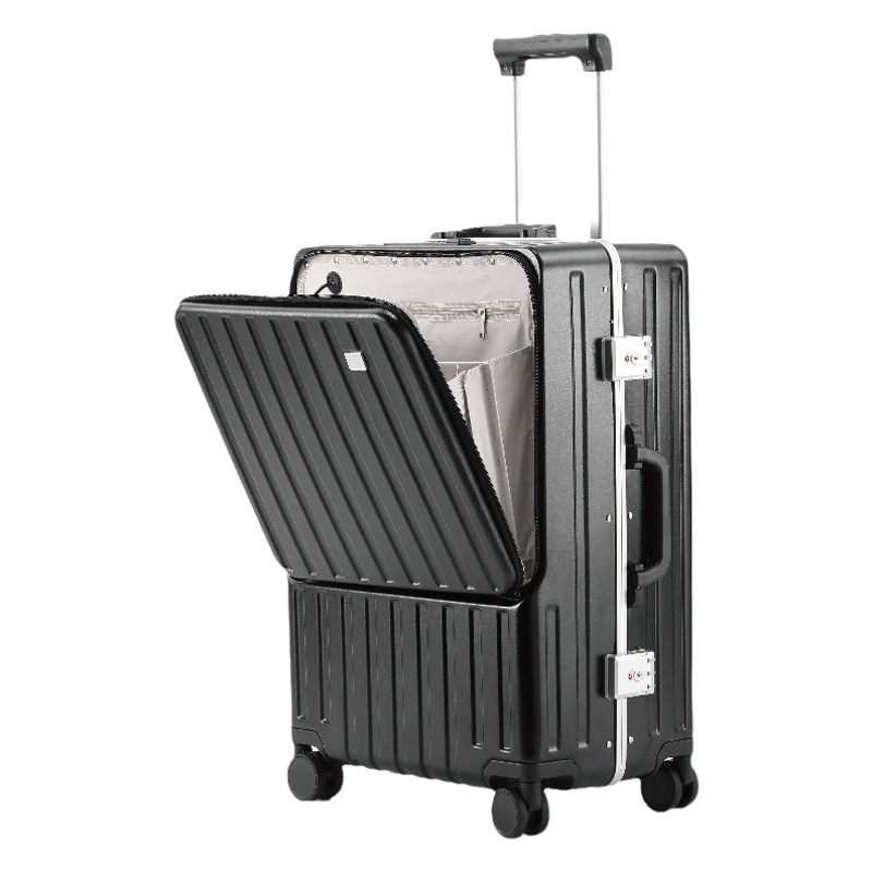 Apertura frontal equipaje de las mujeres marco de aluminio de los hombres caso de embarque maleta de 20/24 pulgadas soporte para teléfono móvil caja de la carretilla de carga USB