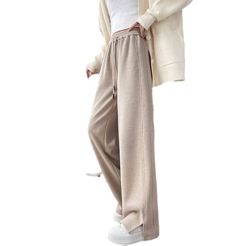 헤링본 기모 넓은 다리 바지 여성 가을 겨울 2025 새로운 양모 분할 바지 스트레이트 울 좁은 바나나 바지