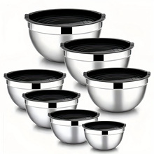 跨境加厚不锈钢沙拉盆卡其黑硅胶底防滑带盖打蛋盆套装烘焙搅拌盆