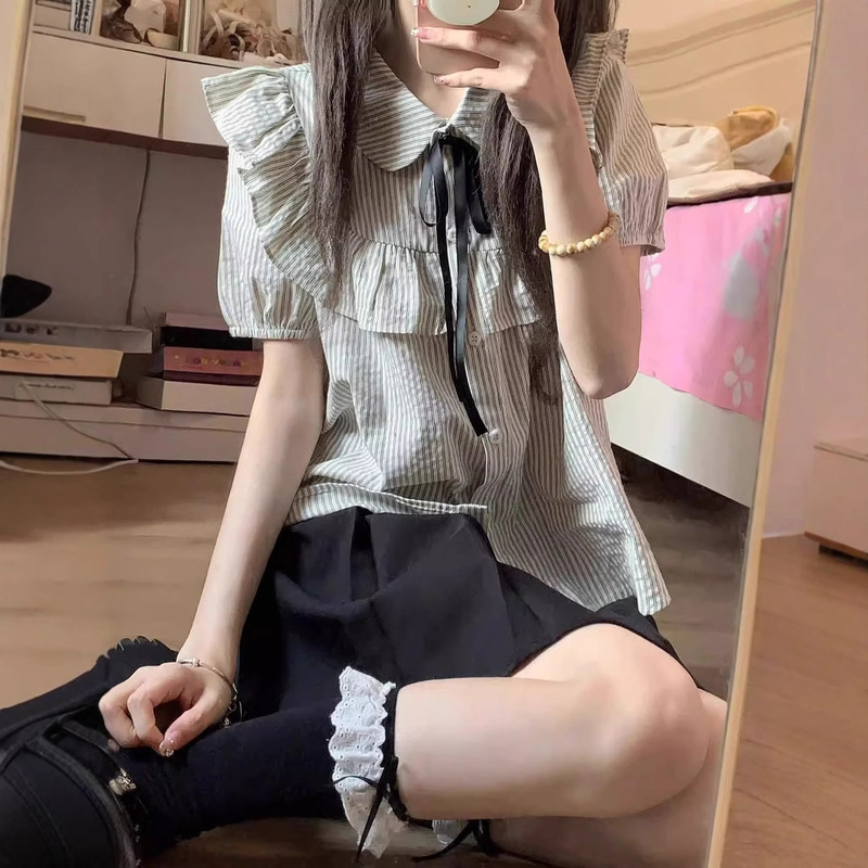カレッジスタイルストライプレースパフスリーブシャツ女性初秋甘いデザイン小柄な人痩身ショートトップ|undefined