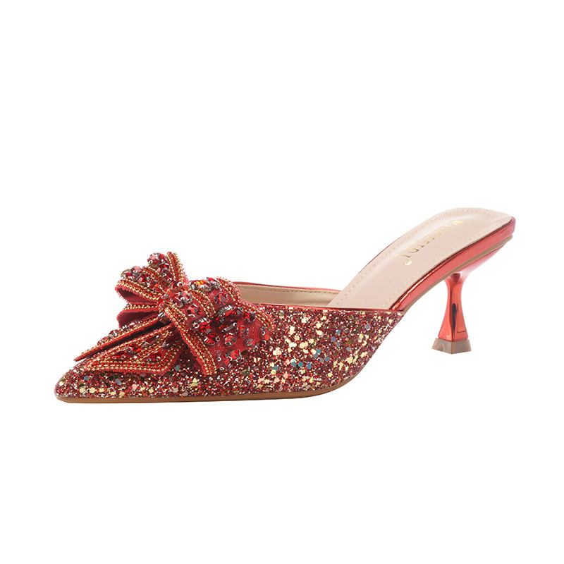 Sandalias y pantuflas de tacón alto moda de verano para mujer zapatillas de tacón de aguja puntiagudo rojo rhinestone bowknot medio arrastre zapatos de mujer