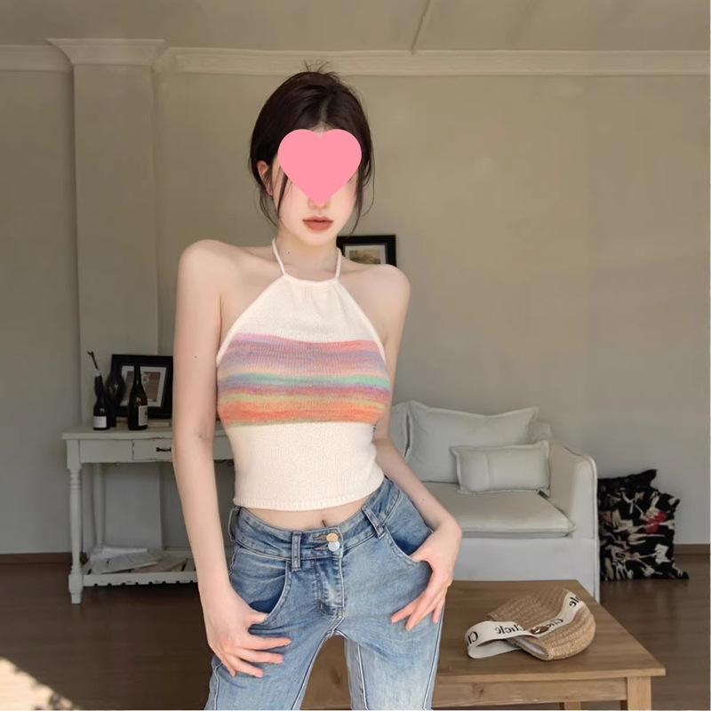 Sweet and Spicy Style Striped Backless Tie Halter Neck Knitted Slim Fit Camisole for Women Summer Sexy Short Style 2026 Sweet and Spicy Style Striped Backless Tie Halter Neck Knitted Slim Fit Camisole for Women Summer Sexy Short Style 2026