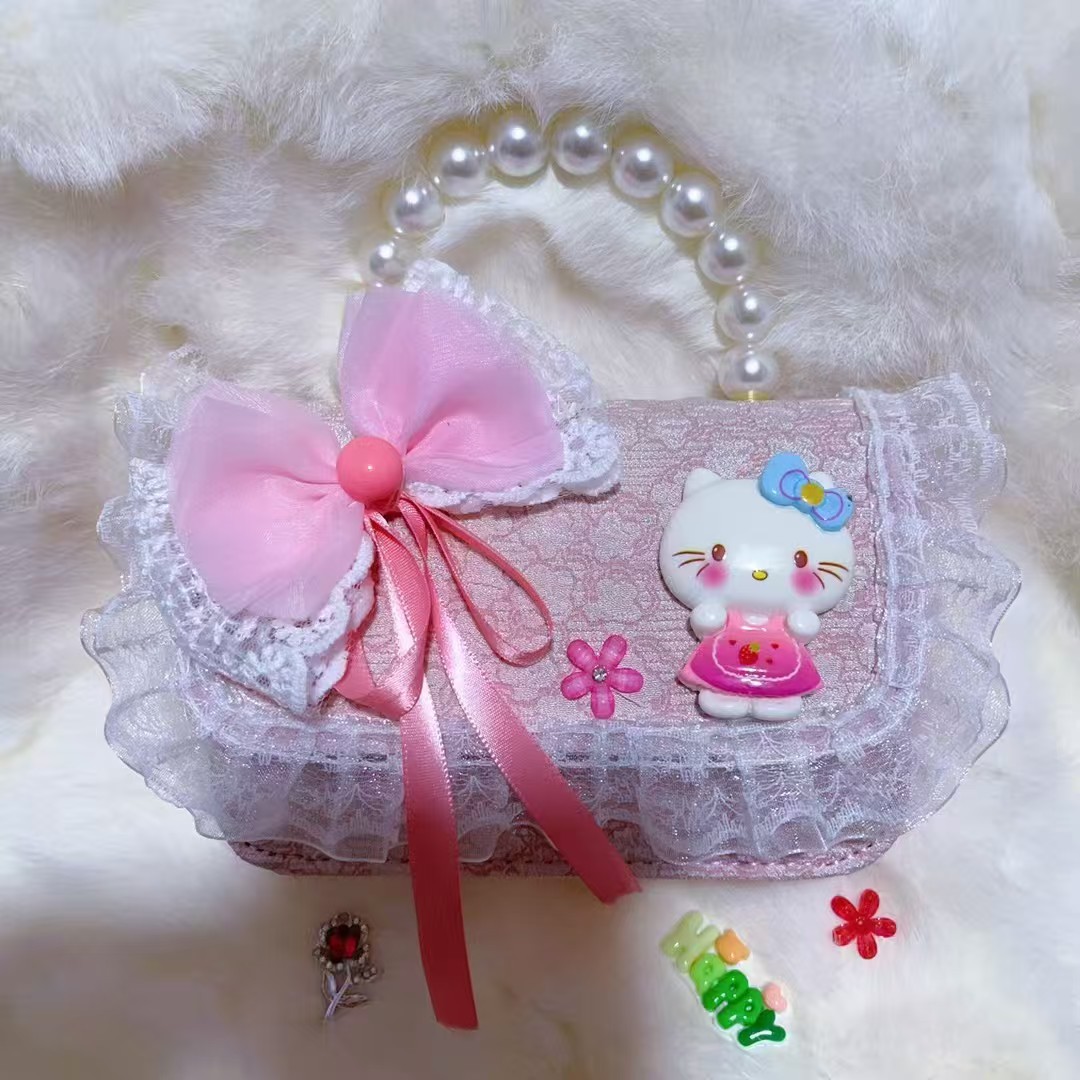 Bolso de perlas, bolso de arco, bolso de princesa Melody, bolso de Año Nuevo, bolso de hombro cuadrado de cadena de niña roja