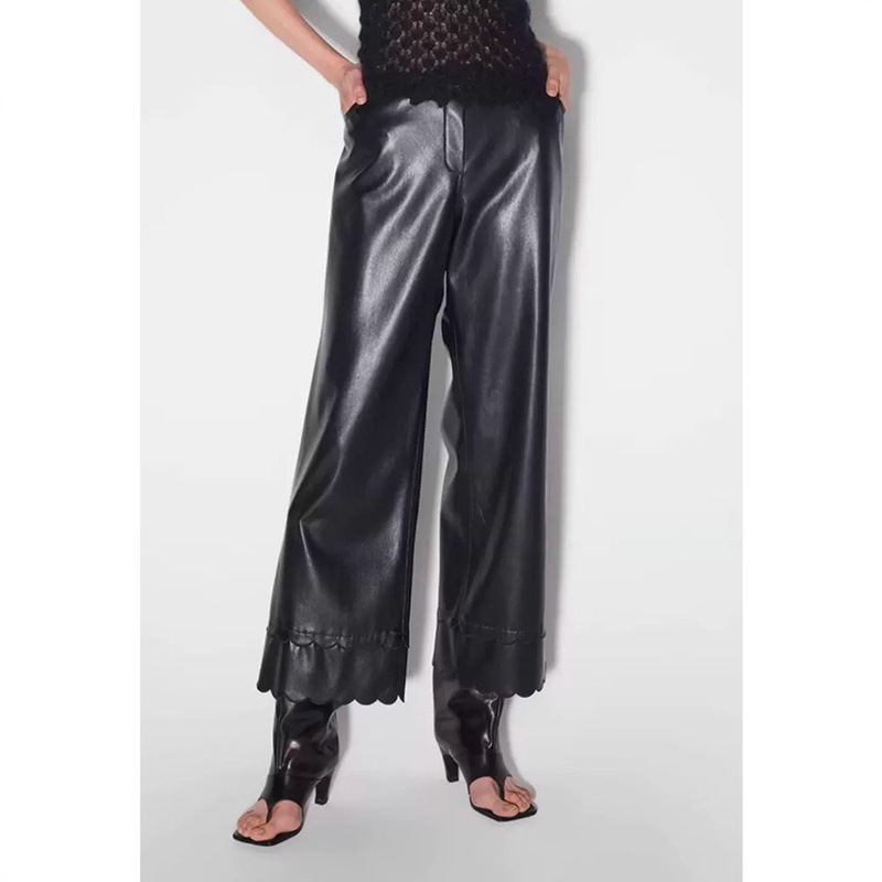 Wenjiu Casual Pure Color Loose Protein Leather Hem Double-Layer Petal Wide-Leg Leather Pants for Women 25 Autum New Product 7694