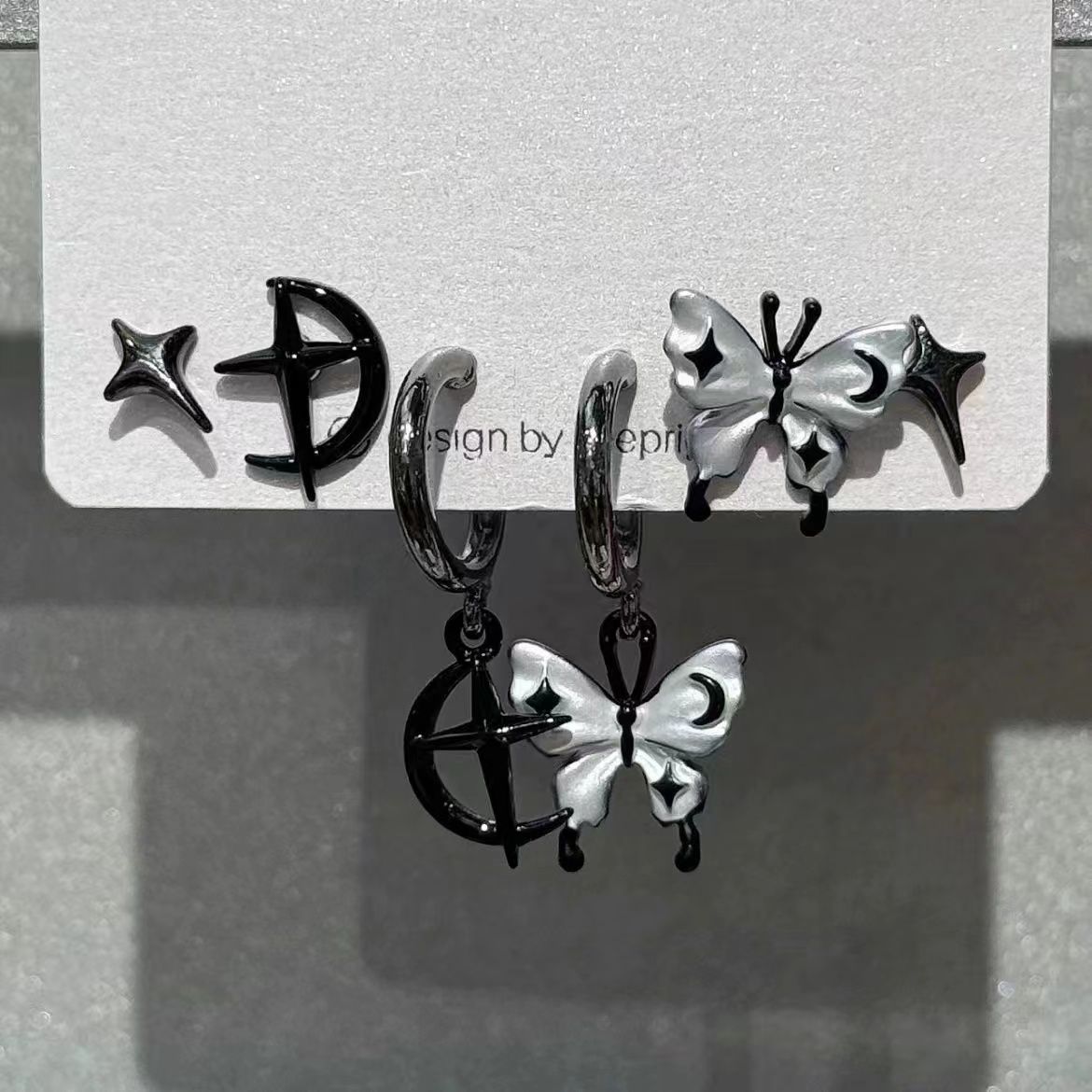 Cool Grl ! Dark Butterfly Tassel Six-Piece Earring Set, Sweet and Cool Earrings, Niche Design Set, Earrings and Earrings