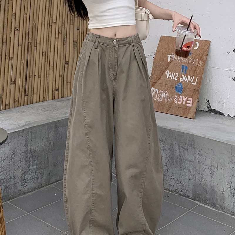 美式复古卡其色弯刀裤做旧牛仔裤女秋季显瘦百搭宽松阔腿外贸代发|undefined