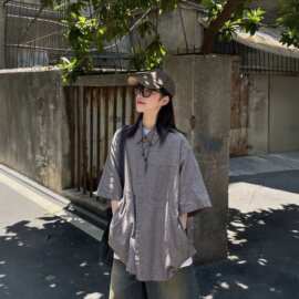 夏季系细格纹短袖衬衫男女中性风穿搭复古廓形半袖工装纯棉衬衣潮