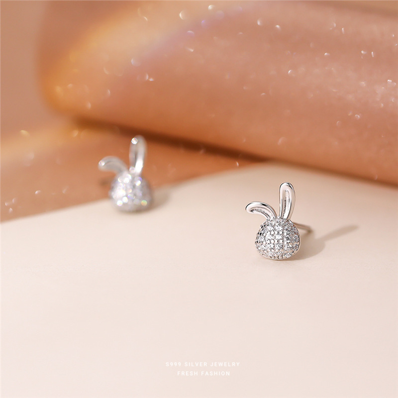 Rabbit Stud Earrings In 999 Silver With Zircon Stones For Women_voghion.com