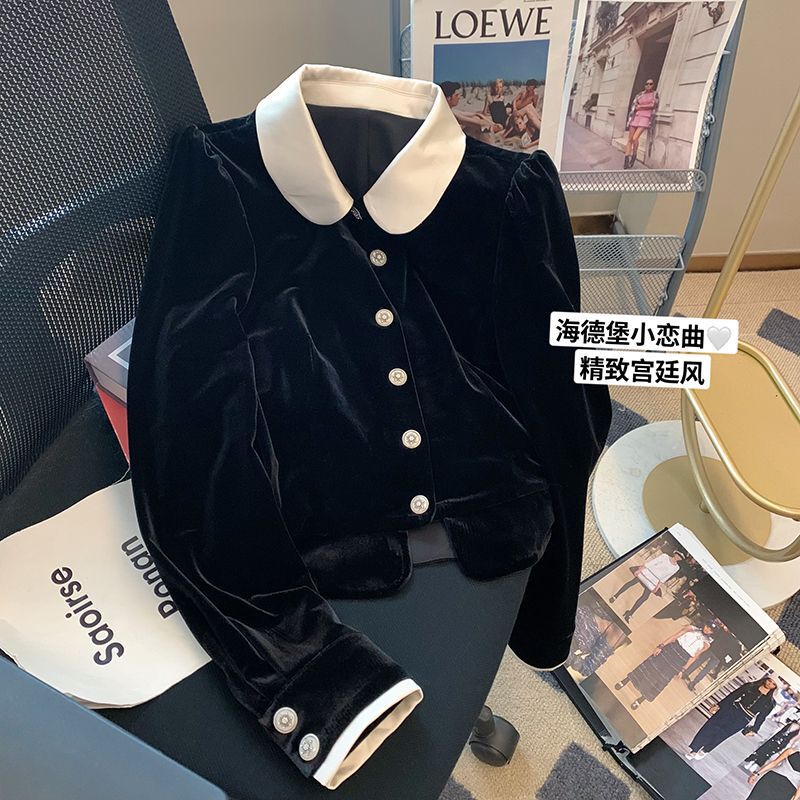 Black Velvet Doll Collar Shirt for Women, High-End 2025 Autum New Fashion Lady Style Small Top