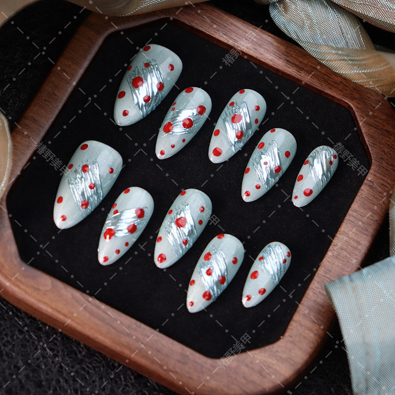 Hot-Selling Wearable Nails, Handmade Mint Green Polka Dot Red Spring/Summer Style, Whitening Texture, Finished Nail Art, Removable Nails Hot-Selling Wearable Nails, Handmade Mint Green Polka Dot Red Spring/Summer Style, Whitening Texture, Finished Nail Art, Removable Nails